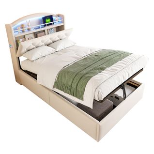 Lit Coffre Enfant 90x200 - Lit Capitonné Avec LED Intégrée - Rangement - Design Moderne - Beige