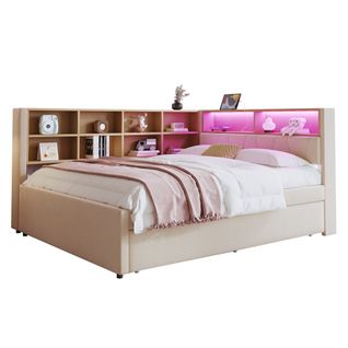 Lit Gigogne 140x200 - Lit Multifonction Avec Éclairage LED - Lit Coulissant 90x190 - Tissu Beige