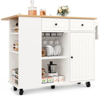 Îlot De Cuisine - Desserte - Plan De Travail Et Rangement Pour Bouteilles Et Verres - Mdf- Blanc