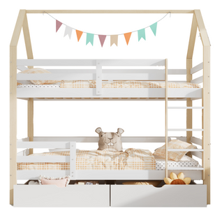 Lit Superposé Enfant 90x200 Cm - Lit Cabane Avec Sommier Et Grands Tiroirs - Bois De Pin - Blanc
