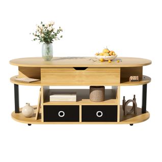 Table Basse Relevable Avec 2 Tiroirs Et Rangement, Bois/noir