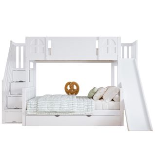 Lit Superposé Cabane 90×200 Cm - Toboggan - Escalier - Rangements Intégrés - Pin Et Mdf - Blanc