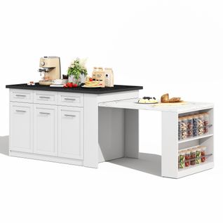 Îlot Cuisine Extensible - Meuble Multifonction - Table Intégrée - Plan Marbre - Bicolore Blanc/noir