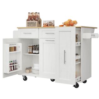 Îlot De Cuisine - Meuble Multifonction - Îlot Extensible - Espace De Rangement - Mdf Métal - Blanc