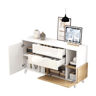 Buffet Bas Design - 2 Portes - 2 Tiroirs - Rangement - Mdf - Blanc Chêne Clair