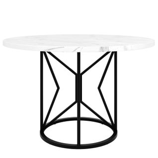 Table à Manger Ronde - Pieds Géométriques Métal - Plateau Mdf Marbré - Design Moderne - Blanc + Noir