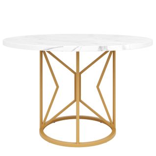 Table à Manger Ronde - Pieds Géométriques Métal - Plateau Mdf Marbré - Design Moderne - Blanc + Or