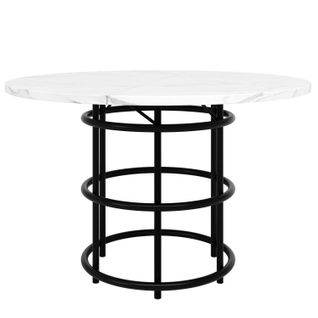 Table à Manger Ronde - Pieds Noirs - Plateau Effet Marbre - Design Moderne - Mdf - Blanc + Noir