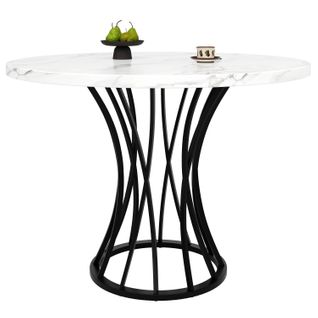 Table à Manger Ronde - Pieds Métal Noir - Plateau Mdf Blanc Marbré - Design Contemporain -blanc+noir