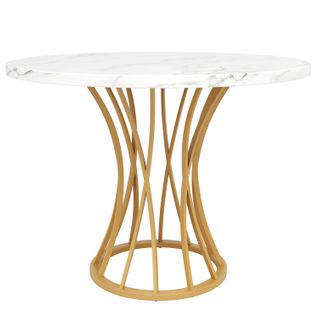 Table à Manger Ronde - Pieds Métal Doré - Plateau Mdf Blanc Marbré - Design Contemporain -blanc + Or