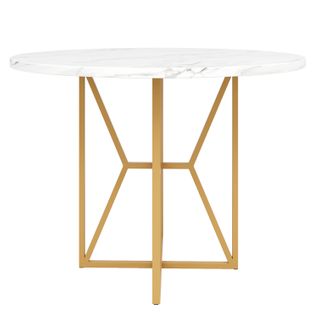 Table à Manger Ronde - Pieds Métal Doré - Plateau Effet Marbre - Style Élégant - Mdf - Blanc + Or