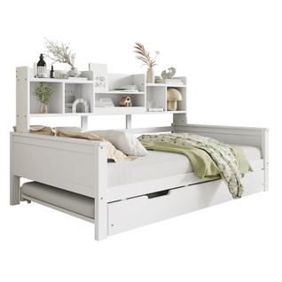Lit Gigogne 90x200 Cm - Bois Blanc - Lit Escamotable 90x190 - Rangements Intégrés - Enfant