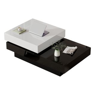 Table Basse - Meubles Moderne Avec Plateau Rotatif Et Double Niveau - Mdf - Blanc Et Noir
