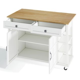 Îlot De Cuisine Mobile - Plan Rabattable - 5 Tiroirs - Roulettes - Mdf - Blanc Et Bois Naturel