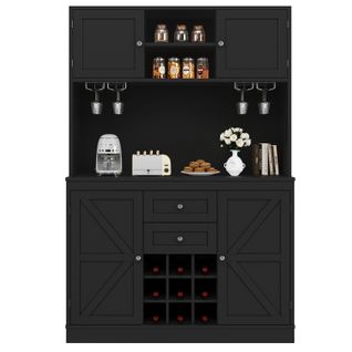 Buffet De Cuisine Haut - 4 Portes - 2 Tiroirs - Range-bouteilles - Étagères Réglables - Noir - Mdf