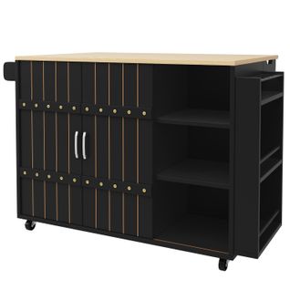 Îlot De Cuisine - Chariot Tiroirs Portes Coulissantes - Plan De Travail Étagère Épices - Mdf - Noir