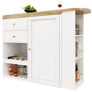 Table Bar - Porte Coulissante - 2 Tiroirs - Étagères Ouvertes - Pivotant 360° - Mdf - Blanc