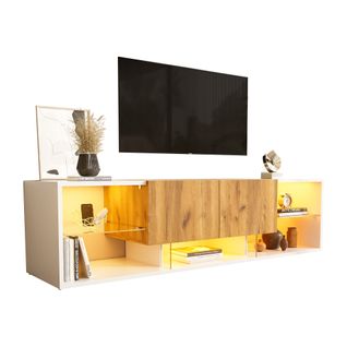 Meuble TV De Salon Avec 3 Niveaux Et LED Intégrée, 2 Tiroirs Et Plateaux En Verre, Mdf