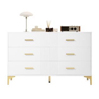 Commode - Rangement Moderne Avec 6 Tiroirs - Pieds Dorés - Pour Salon Ou Chambre - Blanc