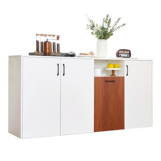 Buffet Bas Contemporain - Bahut Moderne - 4 Portes - Rangement - Meuble Cuisine Salon - Bois - Blanc
