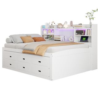 Lit Gigogne 140x200 - Lit Tiroir Et Rangement - LED Avec Télécommande - Ports USB Et Type-c - Blanc