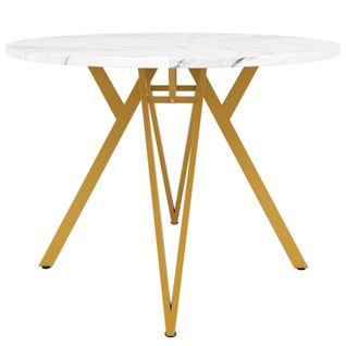 Table à Manger Ronde - Plateau Mdf Marbré - Piètement Métal Doré - Salon Et Cuisine - Mdf - Blanc