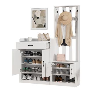 Vestiaire D’entrée - 4 Portes - Tiroir - Porte-manteaux - Rangement Chaussures - Mdf - Blanc