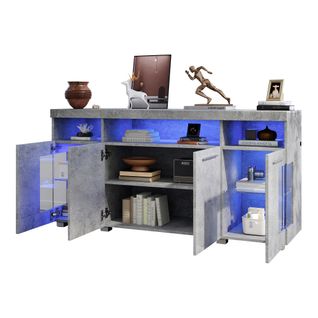 Buffet Salon Avec 3 Compartiments Et LED Intégrée - Meuble Moderne Mdf-verre Trempé - Gris Ciment