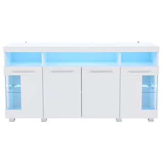Buffet Haut Brillant - Meuble De Cuisine Bar Avec LED Et Portes En Verre Trempé - Mdf - Blanc