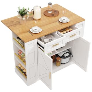 Îlot De Cuisine - Desserte De Cuisine - Multifonction - Extensibles Et Roulettes - Mdf - Blanc
