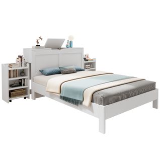 Lit Double 140x200 Cm En Bois Avec Rangement Et Tables De Chevet Coulissantes,Blanc