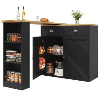 Îlot De Cuisine - Table à Manger Rotative 360° Avec 2 Tiroirs Et Rangement - Mdf - Noir Naturel