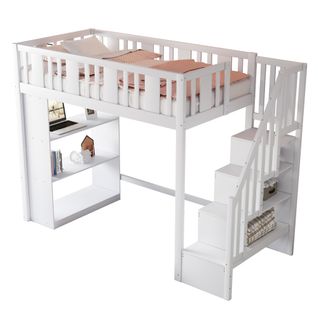 Lit Mezzanine 90x200 - Échelle Solide - Tiroirs De Rangement -structure Robuste - Pin Et Mdf - Blanc