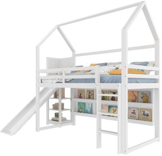 Lit Mezzanine Cabane 90x200 Cm Avec Toboggan Et LED - Pin Et Mdf - Blanc