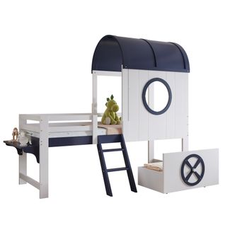 Lit Enfant 90x200 Cm - Mi-hauteur - Avec Rangement Et Toit Marin - Pin Et Mdf - Blanc Et Bleu Foncé