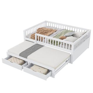 Lit Gigogne 140x200 Cm - Lit Simple Enfant Avec 2 Tiroirs Et Barrière - Mdf - Blanc