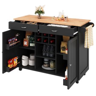 Îlot De Cuisine - Desserte Multifonction Avec Rangement Et Étagères - Métal - Mdf - Noir