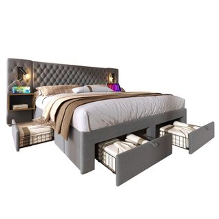 Chambre Complète 180x200 Cm - Lit Double Avec Chevets Tiroirs LED Et Rangement Intégré -velours Gris