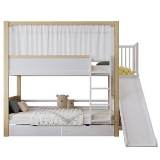 Lit Superposé Enfant 90x200 Cm - Cabane - Toboggan - Rideaux - Bois Pin + Mdf - Blanc Et Naturel