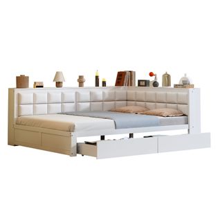 Lit Banquette 140x200 Cm - Lit Double Avec Rangement Intégré Et Dossier Confortable - Bois - Blanc