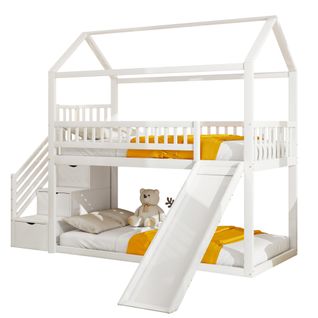 Lit Superposé 90x200 Cm - Enfant - Toboggan - Rangement - Échelle Latérale - Bois Massif Mdf - Blanc
