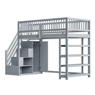 Lit Mezzanine 90x200 Cm - Lit Avec Échelle D'escalade Et Rangement - Bois De Pin Et Mdf - Gris