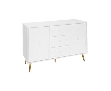 Commode - 3 Tiroirs - 2 Portes - Motif Losange En Relief - Pieds Dorés - Meuble Polyvalent - Blanc
