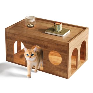 Table Basse - Salon - Chatière Pour Animaux, Design Pratique Avec Espace Chat - Bois Noyer