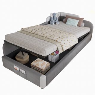 Lit Coffre 90x200 Cm - Lit Enfant Avec Coffre Hydraulique Côté Droit - Velours - Blanc/gris