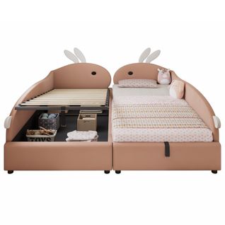 Lit Coffre 90x200 Cm - Lit Combiné Enfant Avec Coffre Et Tête Lapin Mignonne - Velours Rouge