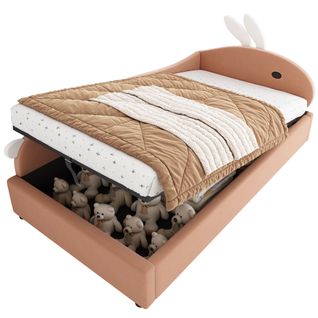 Lit Coffre 90x200 Cm - Lit Enfant Avec Rangement Hydraulique Et Tête Lapin Gauche - Velours - Rouge