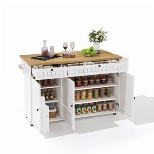 Îlot De Cuisine - Desserte De Cuisine Avec 2 Tiroirs Et Portes Et Table Pliante - Mdf - Blanc