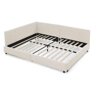 Lit Banquette Double 160x200 Cm - Velours Doux - Structure Bois Et Métal - Beige