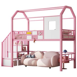 Lit Mezzanine 90x200 Cm - Lit Enfant Avec Toit, Escaliers Et Rangement, Métal Rose
